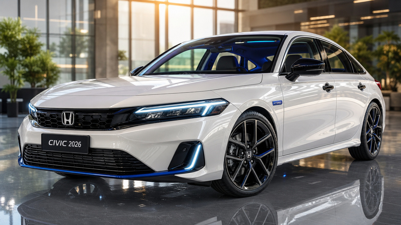 Carro Honda Civic 2026 branco estacionado em ambiente interno moderno com luz natural e rodas pretas.