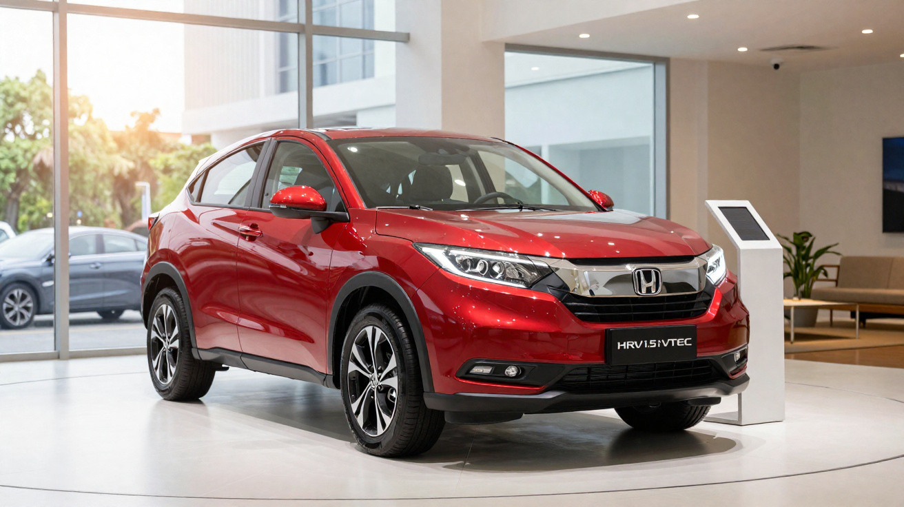 Carro SUV Honda HR-V vermelho exposto em showroom moderno com luz natural e piso branco.
