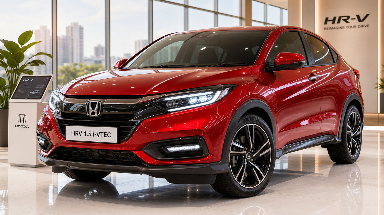 Carro Honda HR-V 1.5 i-VTEC vermelho exposto em showroom com piso branco e janelas grandes ao fundo.
