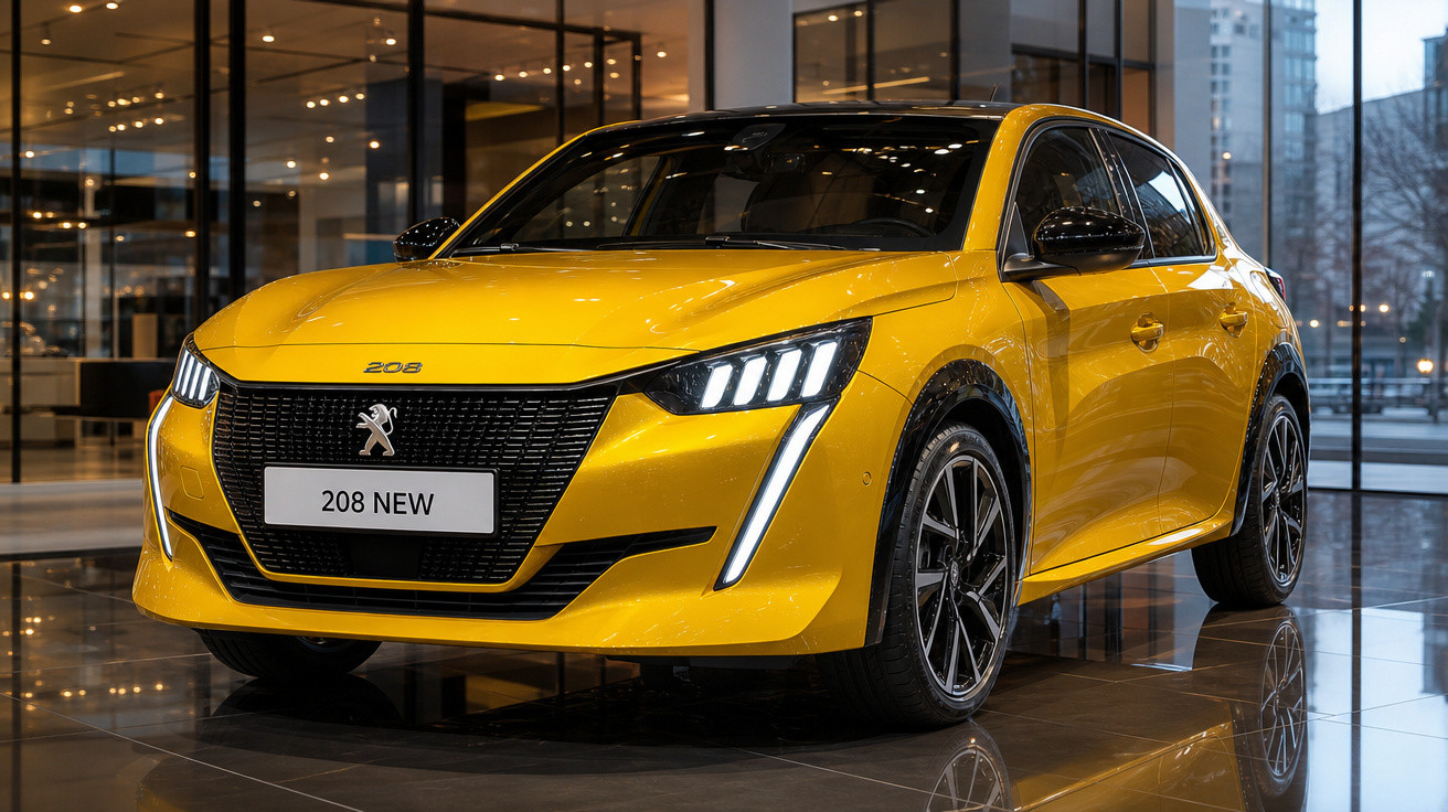 Carro amarelo Peugeot 208 novo em showroom com luzes dianteiras acesas e teto preto.